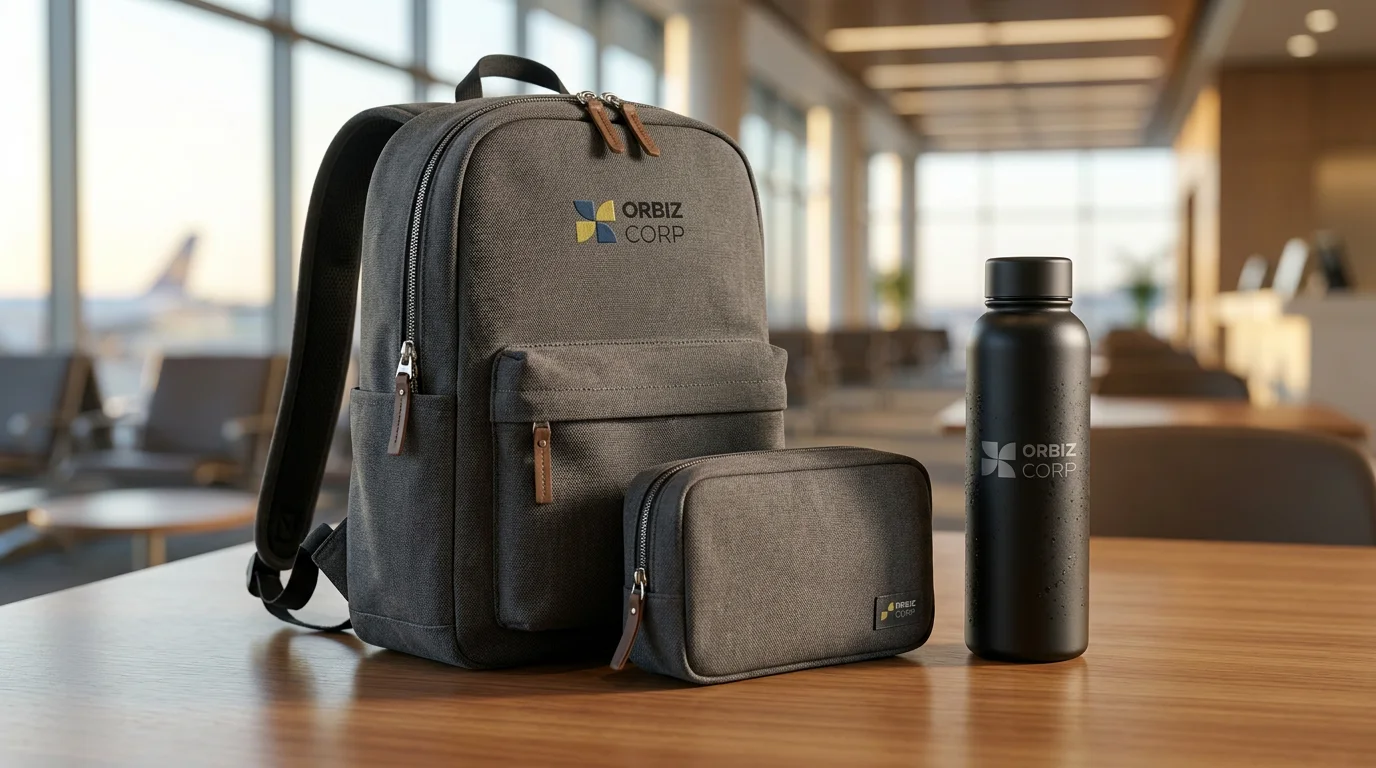 Branded backpack, travel pouch and bottle in an airport lounge